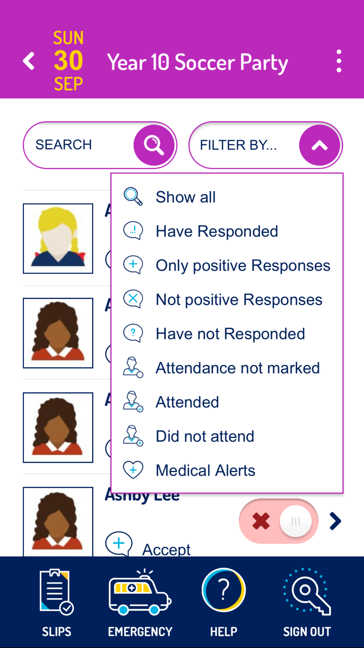 EdSmart app showing students on a slip filter page