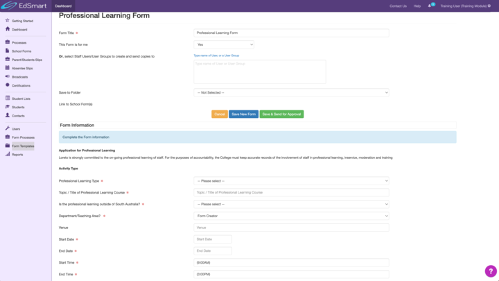 Screengrab of Professional Development Form on the EdSmart platform